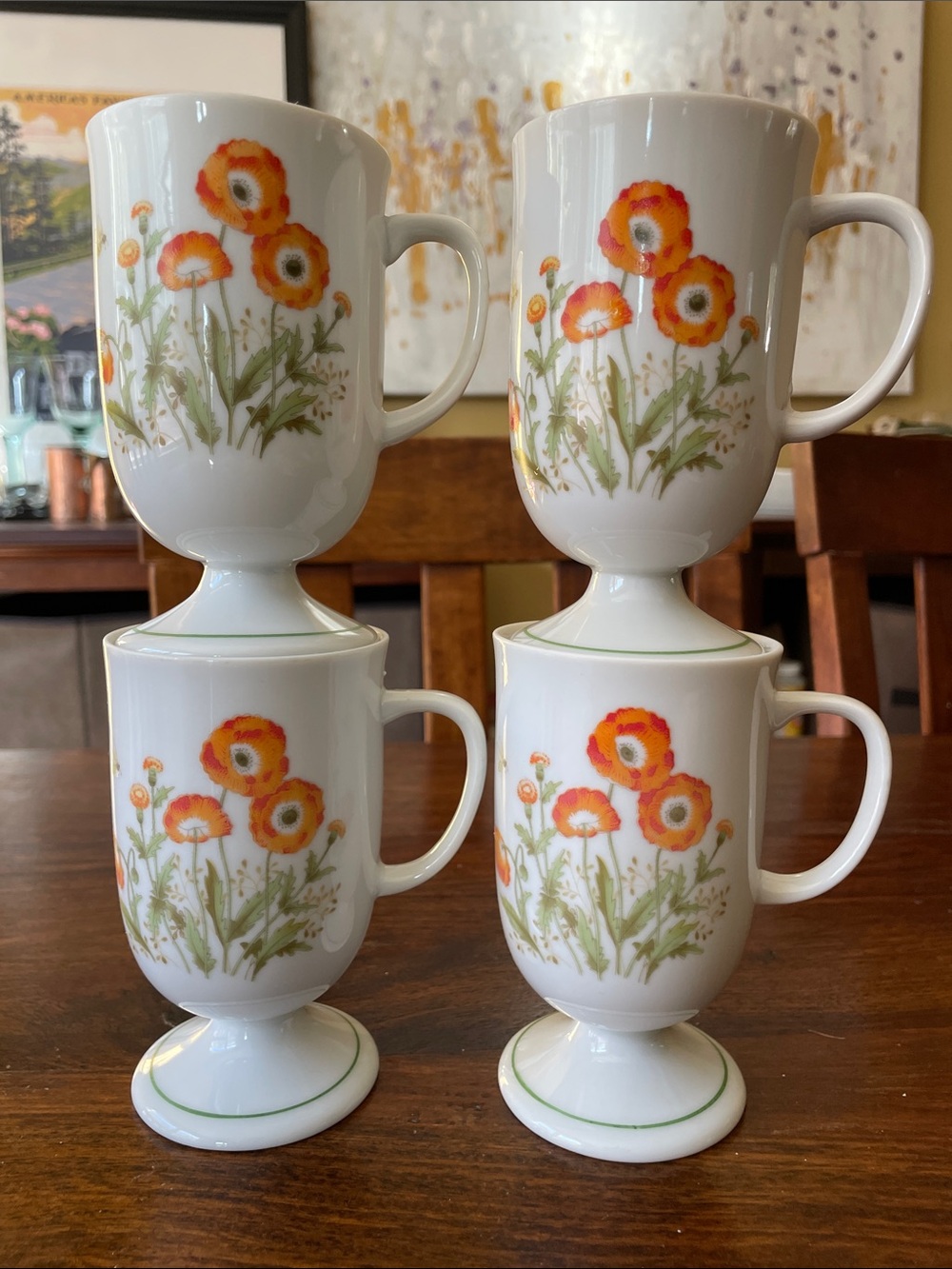 4 White Pedestal Vintage Cup Mugs Orange Poppy Floral Design Honeybee Bees